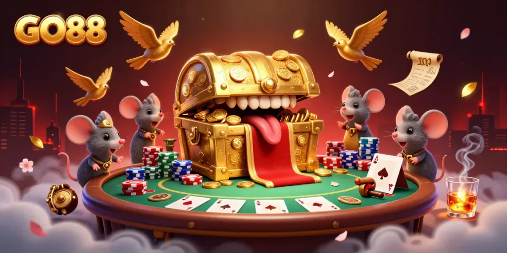 GO88 captivates players in an exciting poker scene with treasure, cards, and vibrant casino elements.