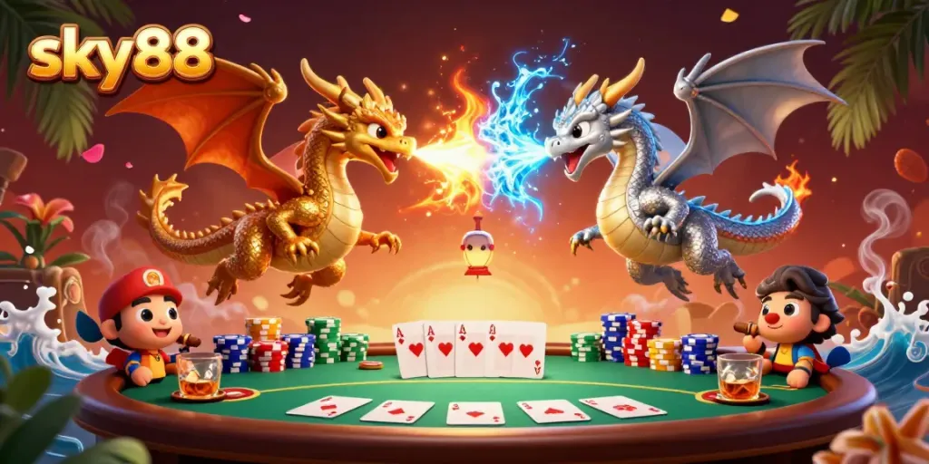 Experience thrilling gaming at sky88 with vibrant casino elements and dynamic dragon artwork.