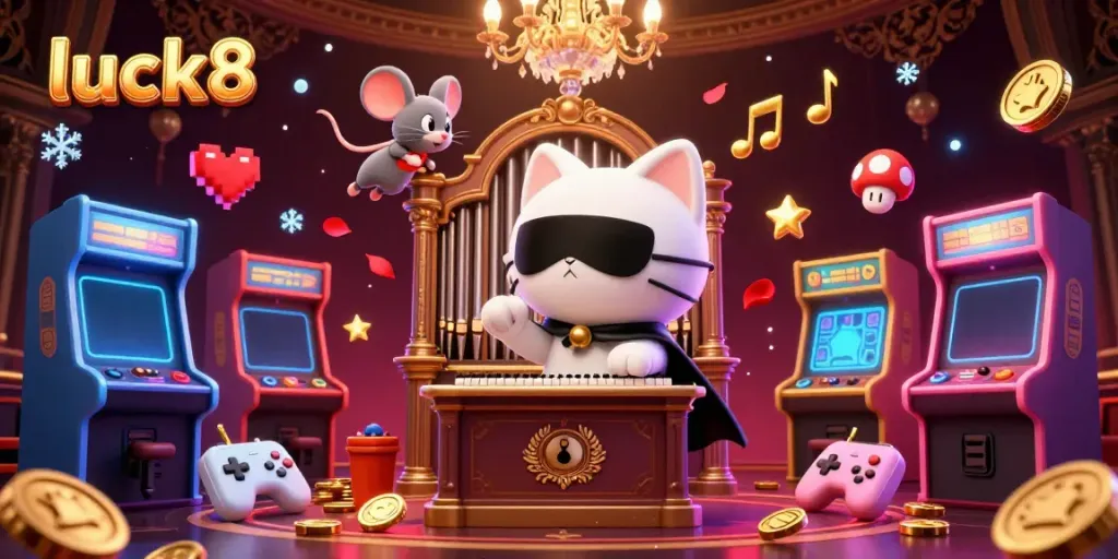 Experience luck8 with a captivating cartoon scene of a phantom cat at a casino organ, surrounded by vibrant gaming elements.