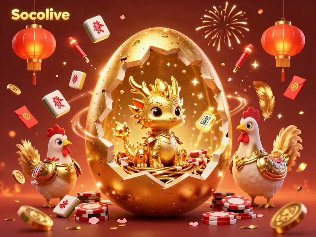 Socolive launches a magical scene with a golden dragon and enriching poker chips, exuding festive excitement.