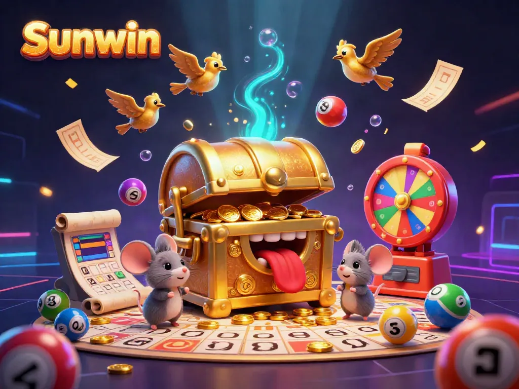 Experience Sunwin's thrilling games with a vibrant treasure chest, adventurous mice, and colorful lottery elements in an immersive setting.