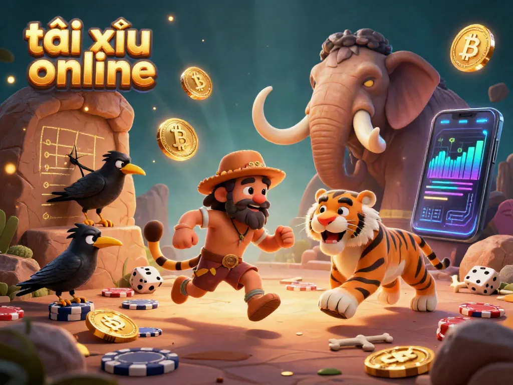 Experience the thrill of tài xỉu online with a caveman and sabertooth running a vibrant casino in a mystical setting.