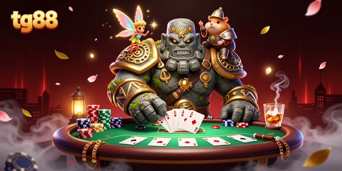 Engage in exhilarating gaming with tg88 as a stone golem guardian, fairy, and hamster knight illustrate a vibrant casino scene.