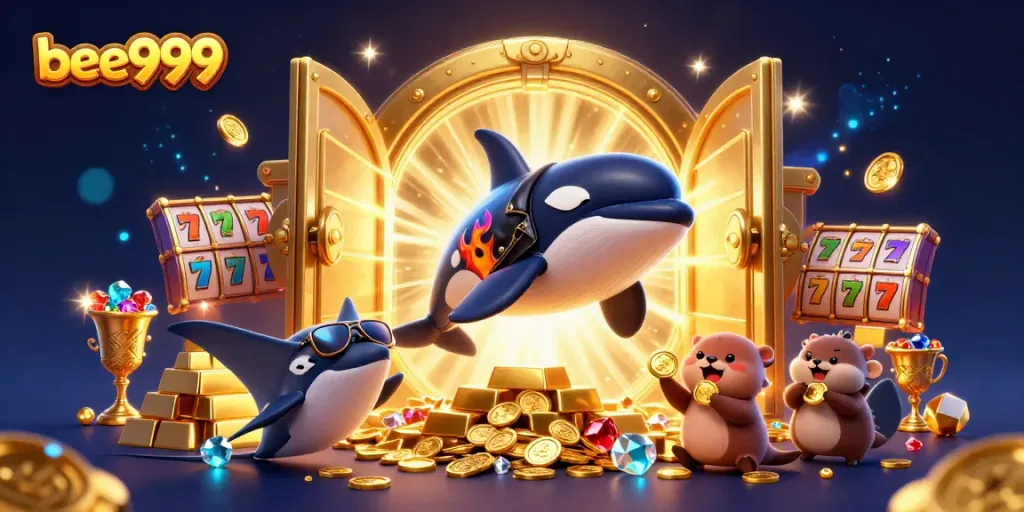 Experience the thrill of bee999 with a vibrant scene of characters amidst gold and treasures.