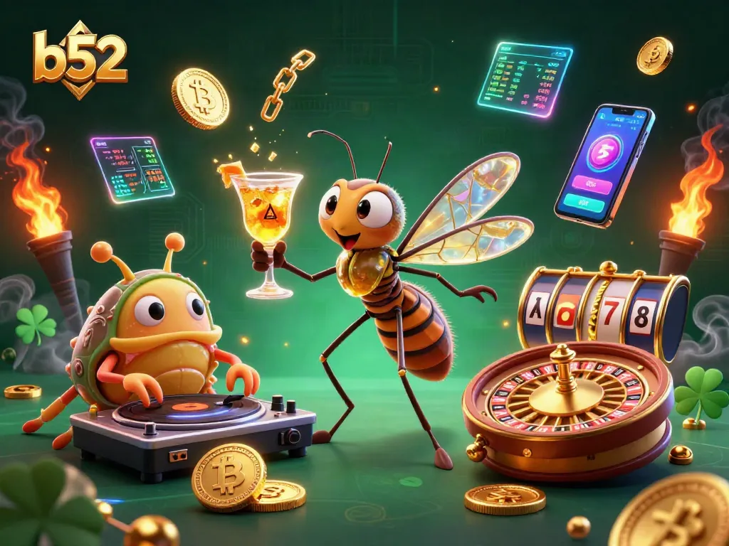Bets on b52 fly as a mosquito mascot holds golden cocktails next to a trilobite DJ and ammonite roulette