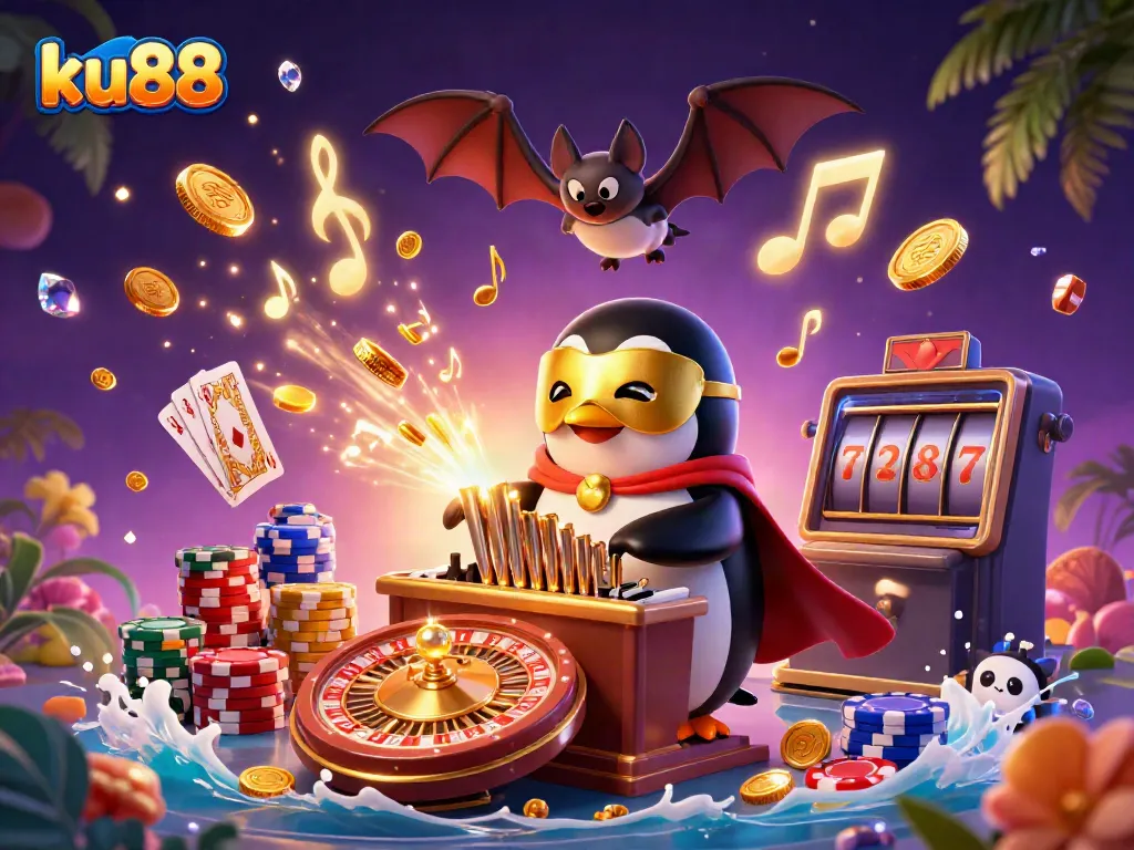 Experience the excitement of ku88 through a vibrant casino scene featuring a penguin and dynamic game elements.