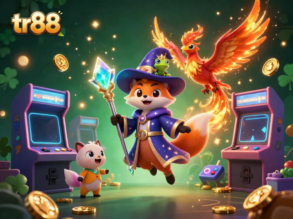 Experience the vibrant atmosphere of tr88 with a magical wizard fox and phoenix amidst casino-themed game elements.
