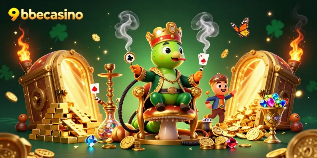 Experience the excitement at 9betcasino with a vivid illustration featuring a whimsical caterpillar master and treasures.