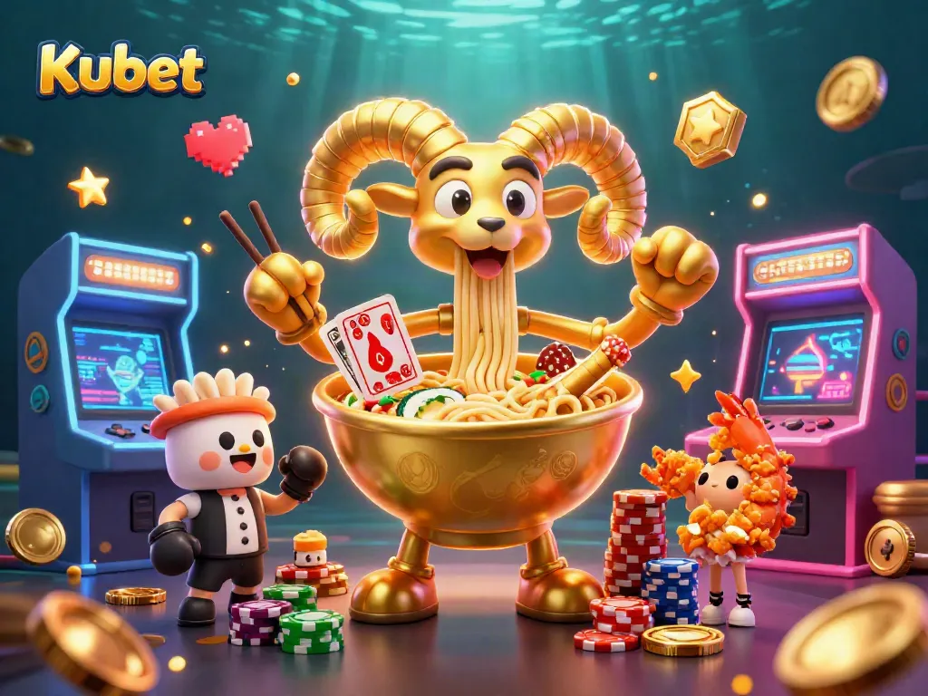 Kubet casino-themed illustration showing a golden ramen bowl dealing cards and chips with gaming elements around