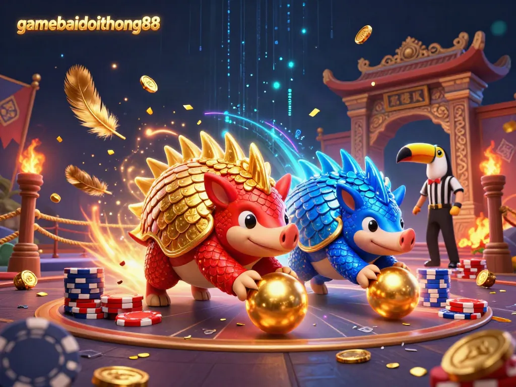 Gamebaidoithuong88 features rival pangolins in a casino scene, showcasing poker chips and energy.