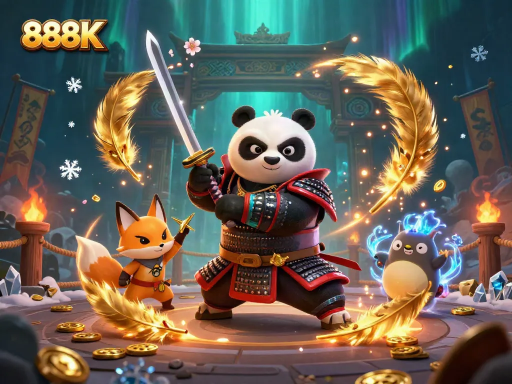 Join the excitement at 888K with fierce samurai panda and ninja fox amidst a vibrant casino scene.