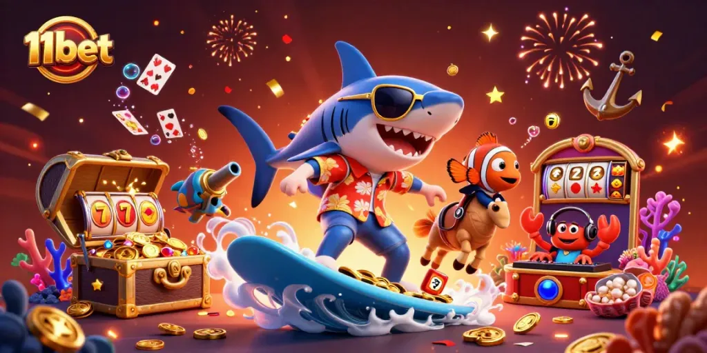 Experience thrilling gameplay with 11bet, featuring animated characters in a vibrant 3D casino scene.