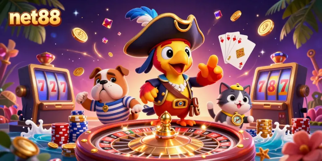 Experience thrilling net88 adventures with animated pirate characters and casino games.