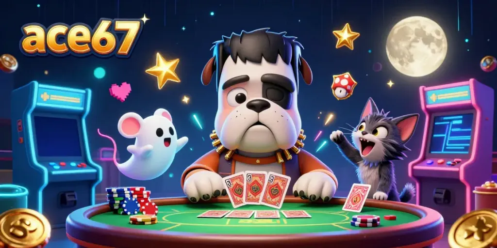 A playful scene with ace67's cartoon characters at a spooky casino table, featuring a bulldog dealer and a floating ghost mouse among vibrant arcade games.