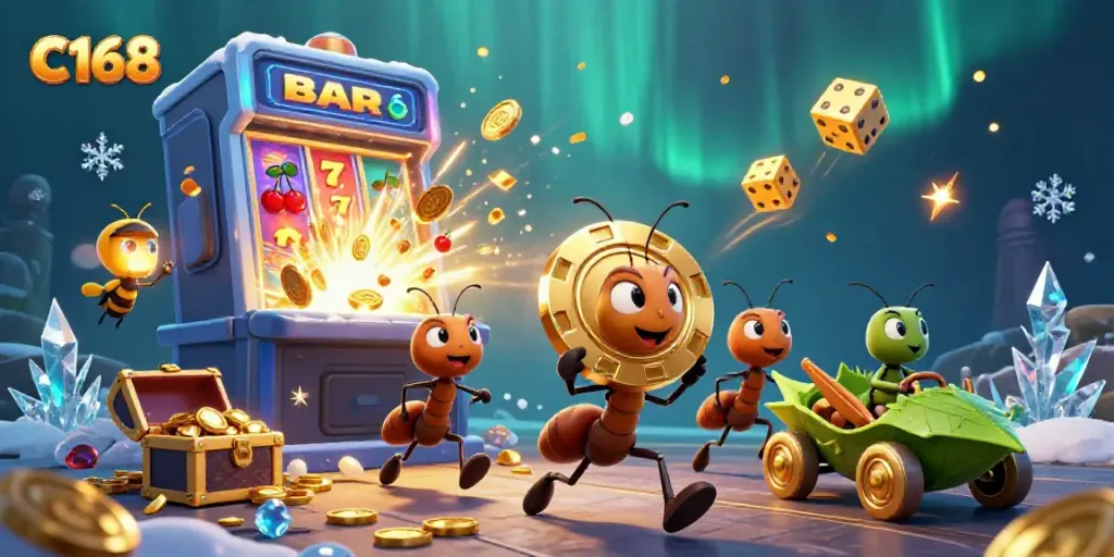 Experience thrilling gameplay at C168 with ants carrying a golden poker chip amidst jackpot symbols and treasures.