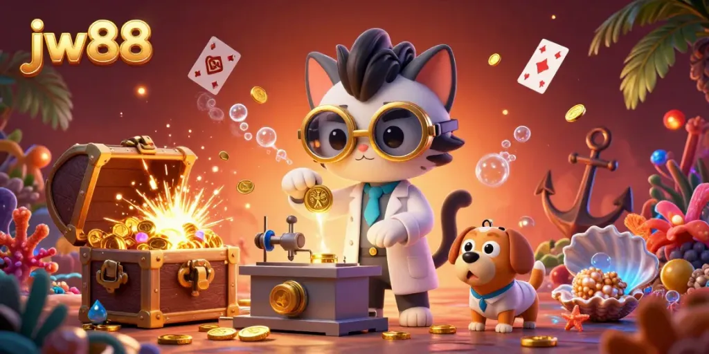 Experience the excitement of jw88 with a fanciful scene displaying a mad scientist cat and lab assistant dog creating a gold machine amidst casino treasures.