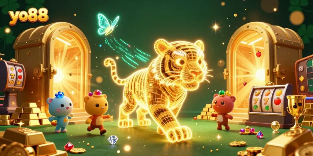 Engage in exciting casino action at yo88 with a vibrant scene of 3D characters and dynamic game elements.
