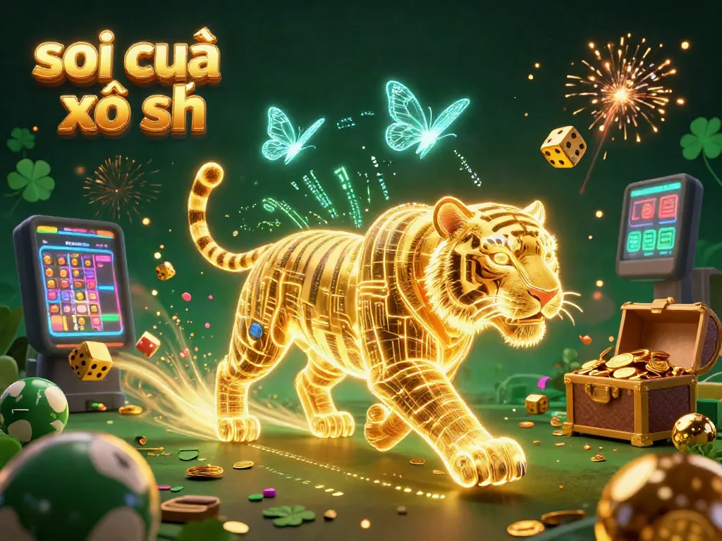 Engage with the vibrant world of soi cầu xổ số, featuring golden tiger and holographic butterflies in a digital lottery landscape.