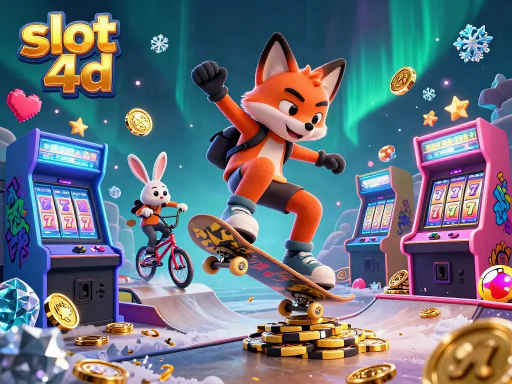 Slot 4D menampilkan rubah skateboard 3D melompat dengan simbol kasino di dinding.