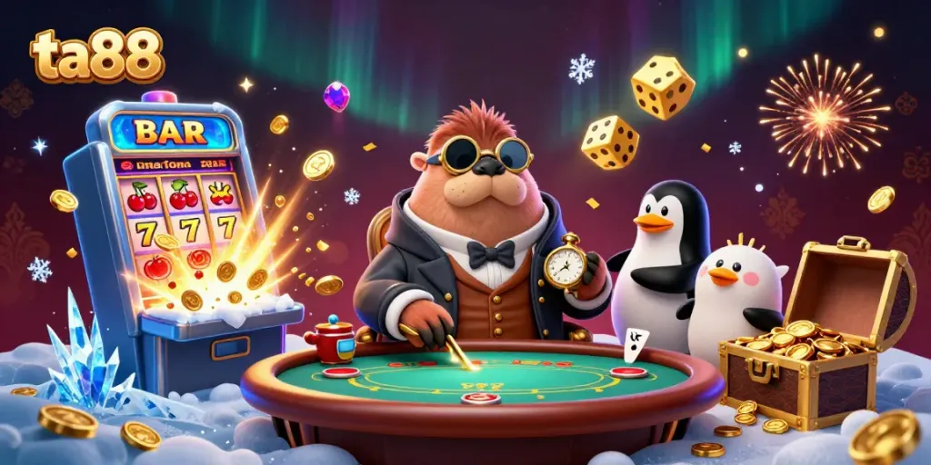 Engage with ta88 in a vibrant underwater casino scene featuring imaginative characters and dynamic game elements.