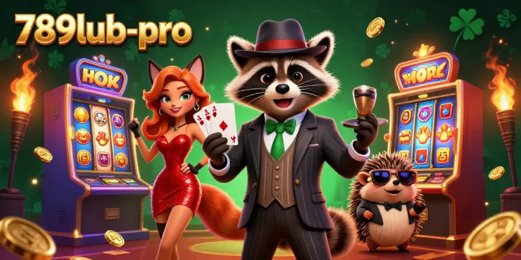 Engage with 789lub-pro's dynamic gaming scene featuring card games and colorful slot machines.