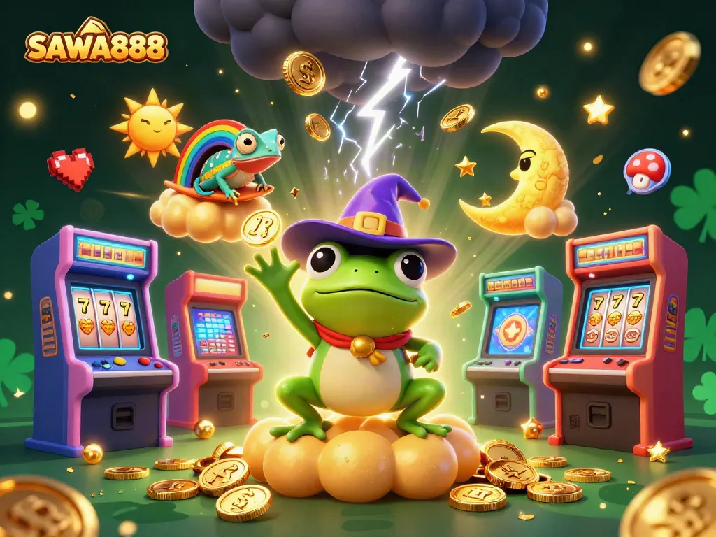 SAWA888 frolics in a vibrant casino with golden coins swirling around cartoon characters amidst interactive gaming elements.