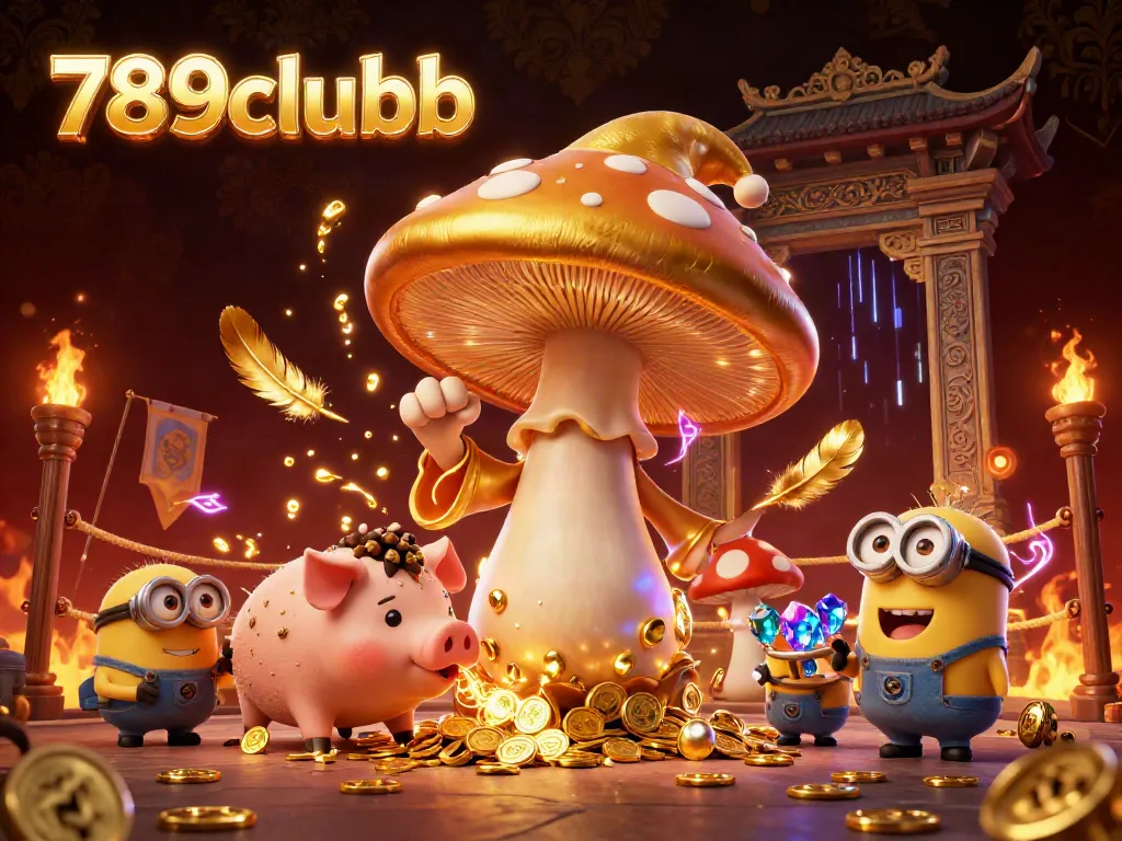 Join the adventure at 789clubb with a magical scene displaying a golden mushroom wizard, treasure hunting pig, and shimmering jewels.