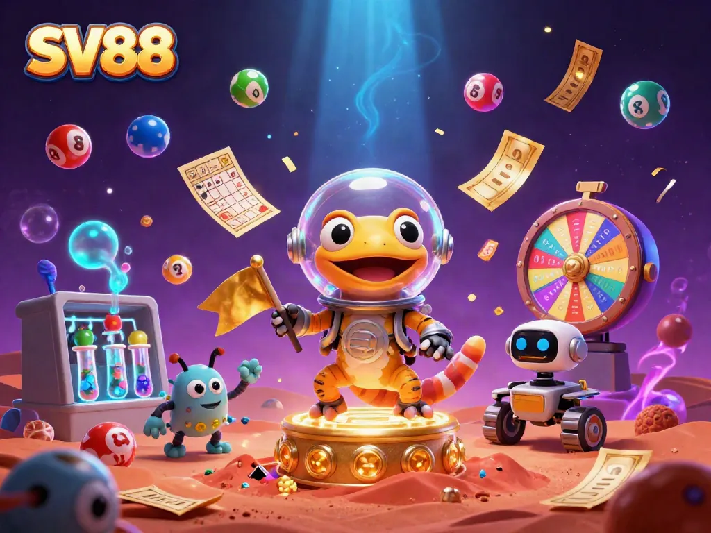 SV88 Martian gecko discovers a golden casino in a vibrant, illustrated scene filled with dynamic gambling elements.