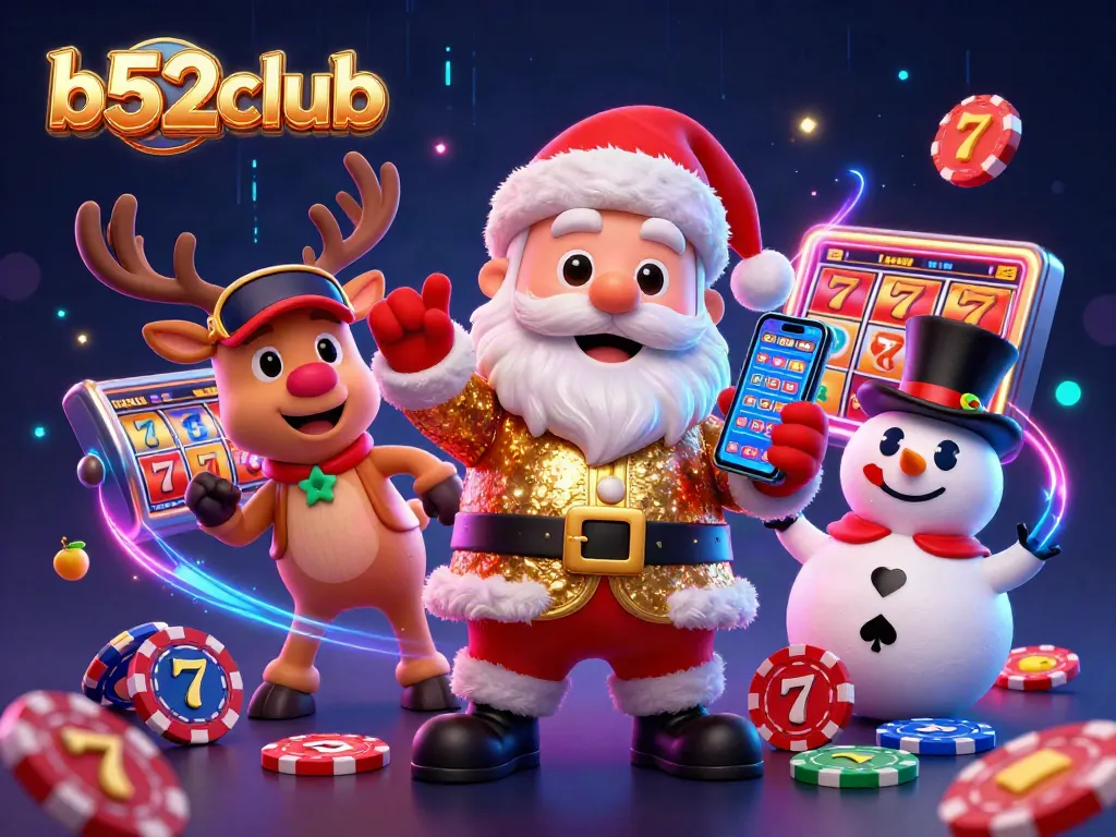 Experience the excitement of b52club with Santa and friends celebrating jackpot slots in a vibrant, dynamic casino scene.