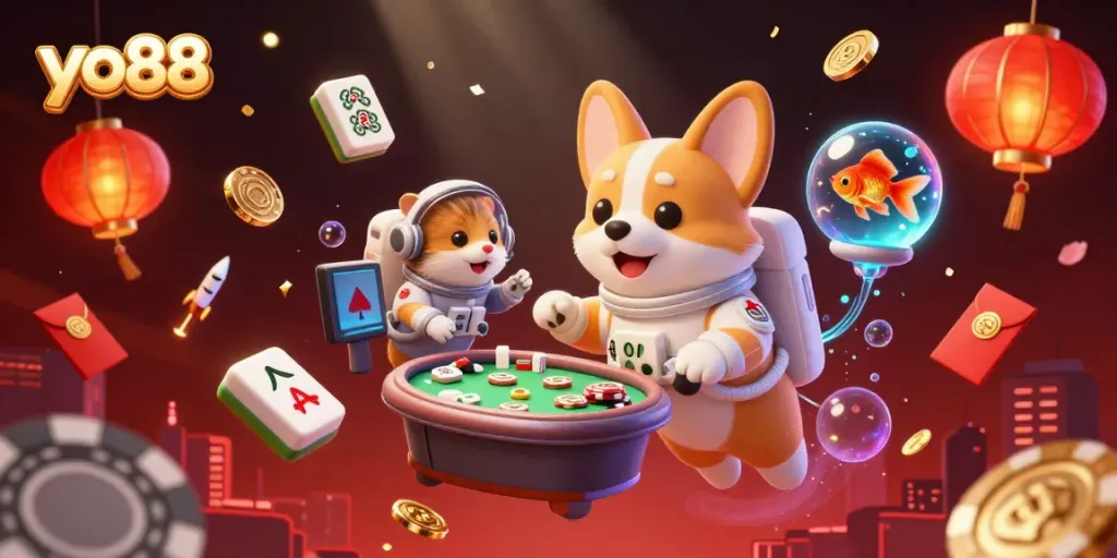 Engage with the exciting world of yo88 in this vibrant 3D casino illustration showcasing an astronaut corgi.