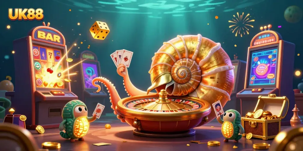 Engage in thrilling gameplay with UK88, featuring a giant nautilus as a roulette wheel and cards in hand