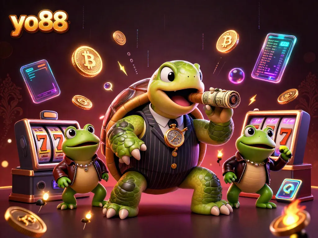 Engaging yo88 casino illustration showcasing a mobster turtle and bullfrogs amid vibrant slot elements.