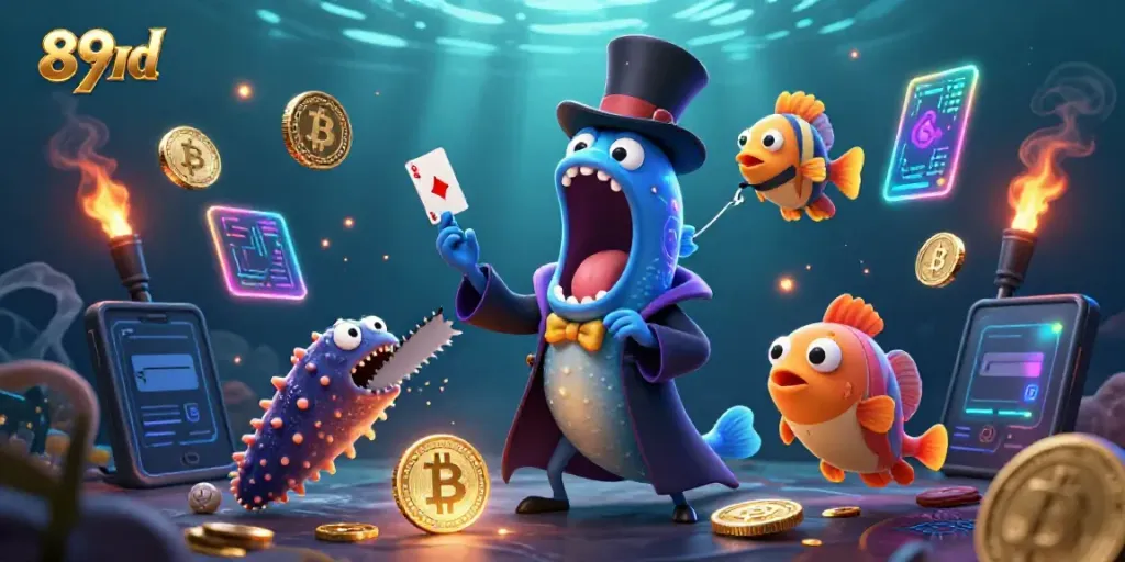 Engage in thrilling gameplay at 89bd with a unique underwater gambling scene featuring special characters.