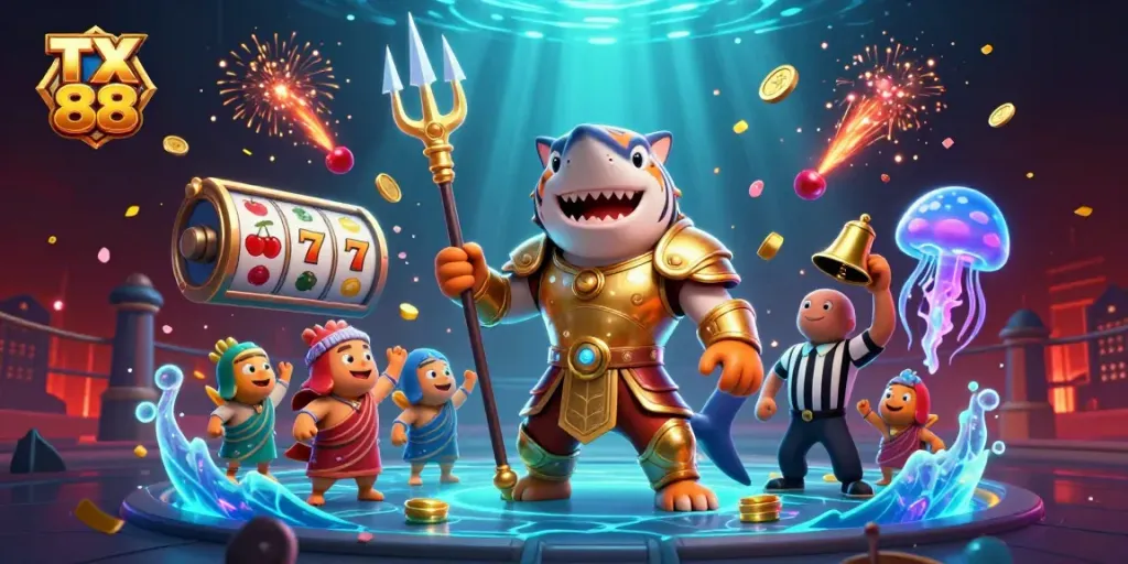 Engage with the exciting TX 88 gambling experience featuring a dynamic underwater colosseum scene with vibrant casino elements.