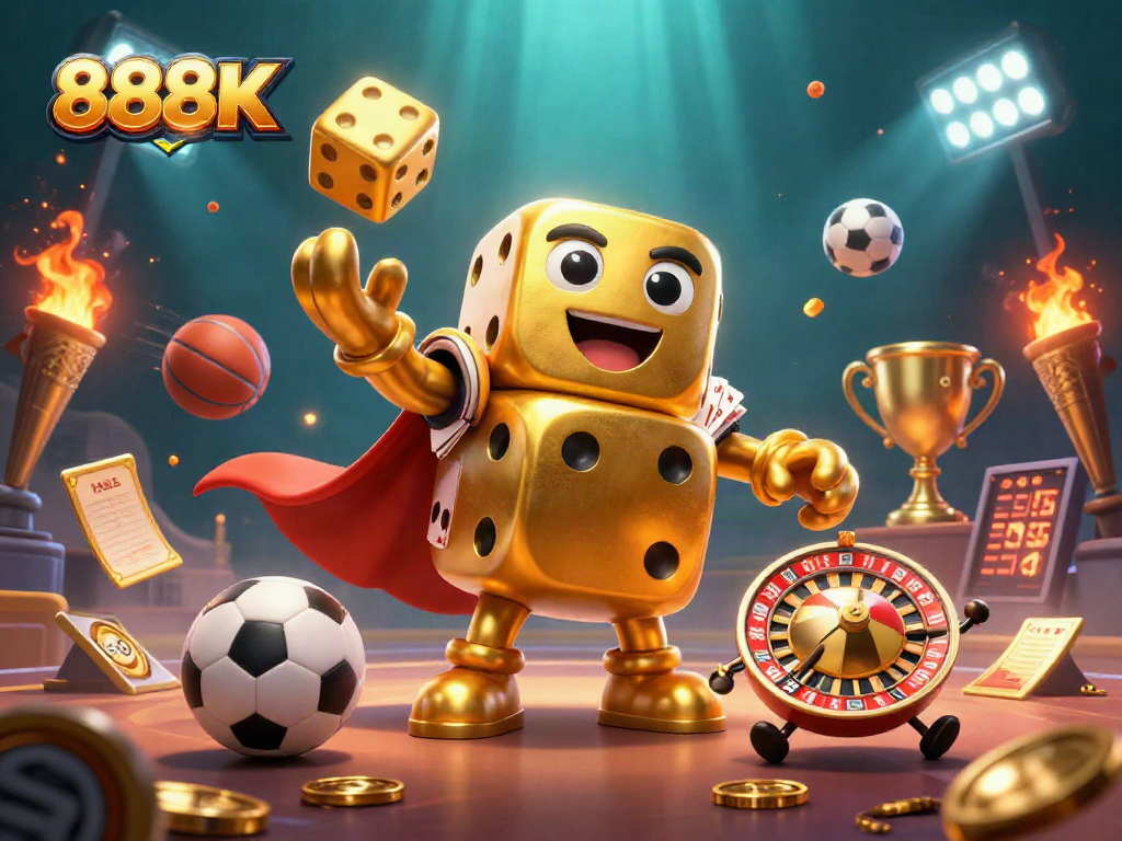 Experience exciting wins with 888K as golden dice and sports elements collide in vibrant casino action.