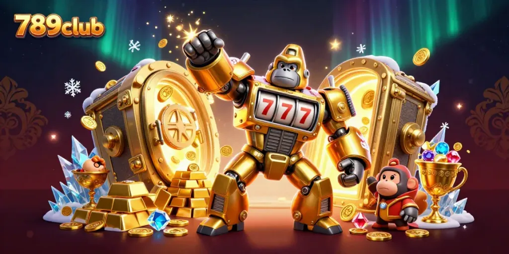 Engage with 789club's exciting designs featuring a golden gorilla mech launching coins and treasures.