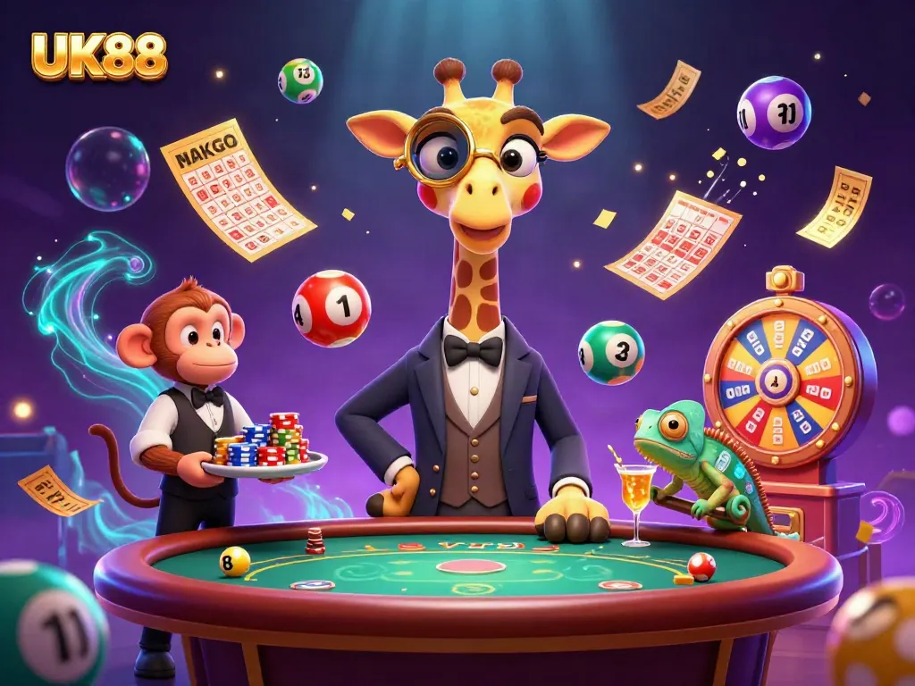 Experience the thrill of UK88's vibrant gaming world with animated characters and lively gaming elements.