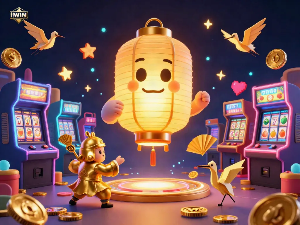 IWIN showcases an exhilarating night market casino scene featuring a golden lantern spirit, slot reels, and vibrant game elements.