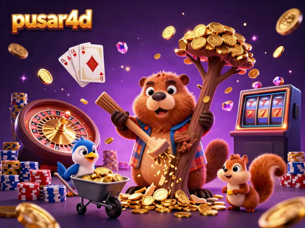 Pusar4d engages players with a vibrant scene featuring a cartoon beaver, bird, and squirrel among casino elements.