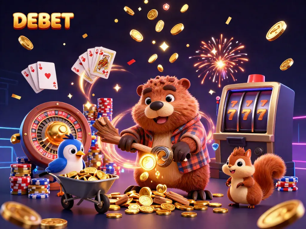 DEBET's vibrant gaming scene featuring a beaver, bird, and squirrel amid flying coins and festive energy.