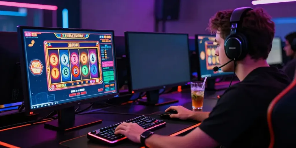 Engaged player at a kayu77 gaming setup, focused on vibrant slot game.