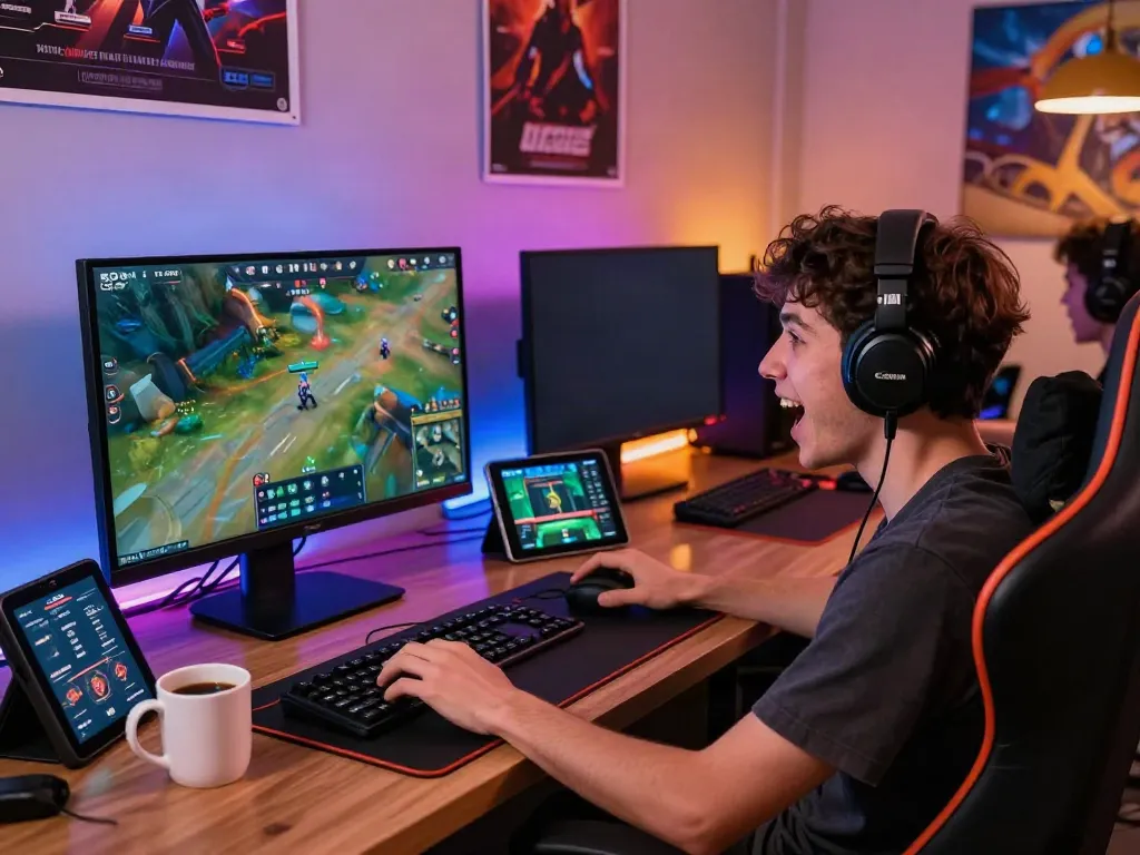 Player enjoying MANTUL88 online gaming experience in a cozy lounge with vibrant lights.