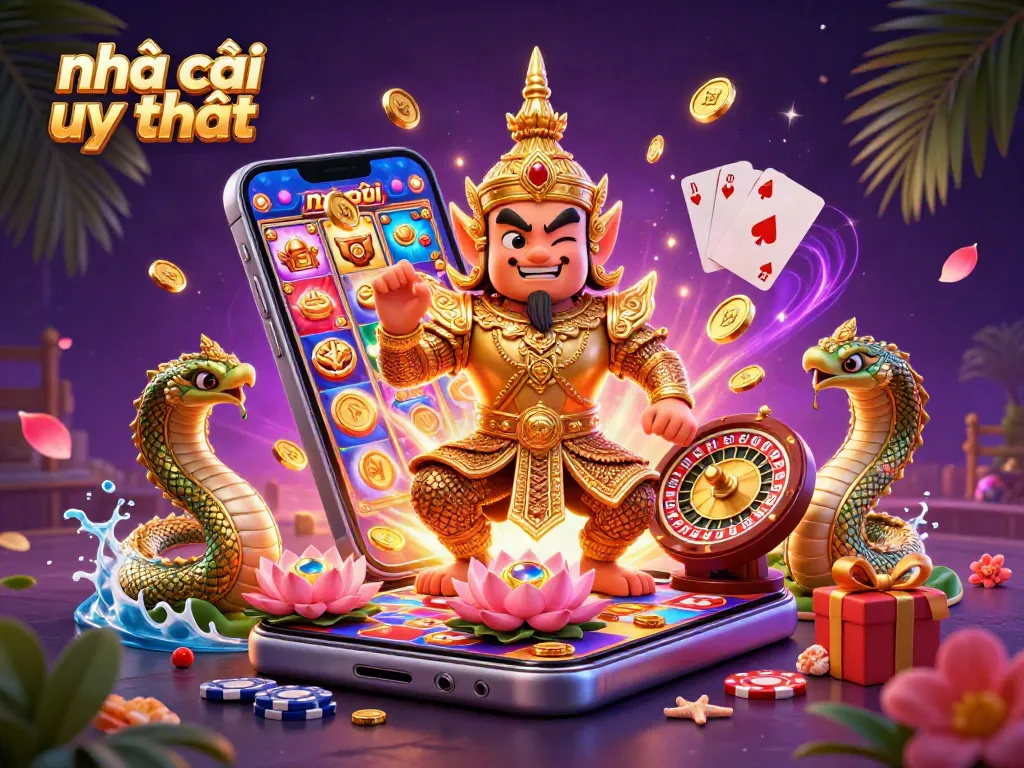 Engage with nhà cái uy tín through an energetic casino scene featuring a dynamic guardian and gaming elements.