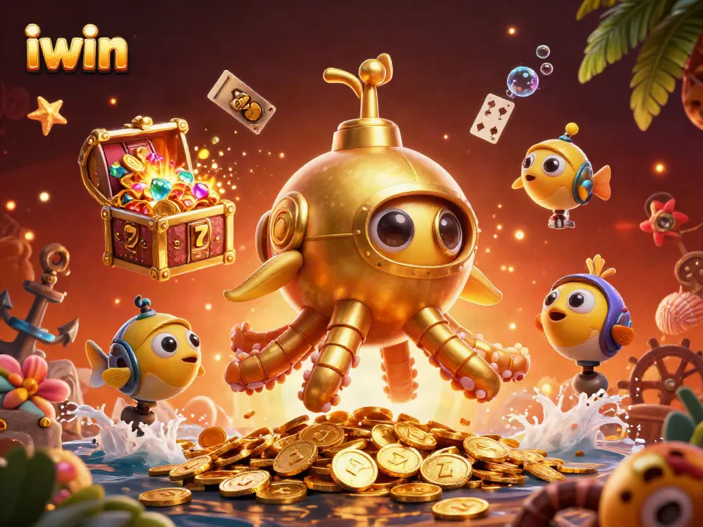iwin showcases a thrilling underwater casino adventure with a kraken submarine and slot reels amidst gold coins.