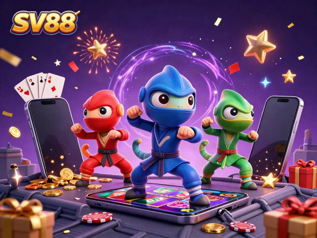 Experience thrilling SV88 gaming action with dynamic ninja chameleons amidst slot games and festive visuals.
