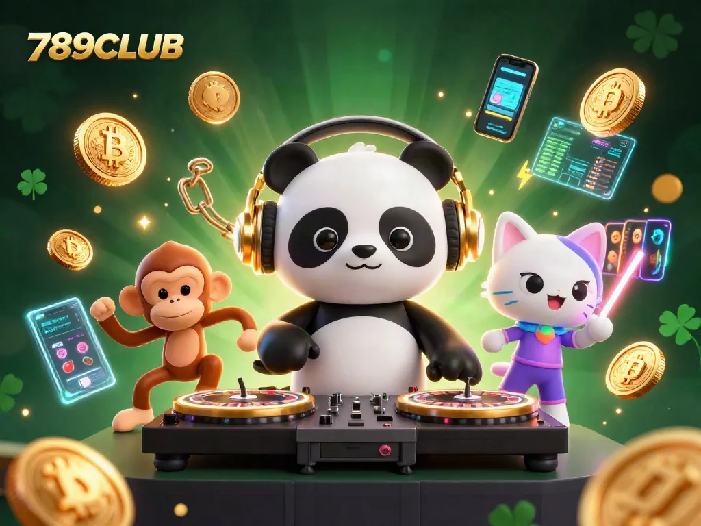 Engage with thrilling games at 789CLUB amid a vibrant casino scene featuring vibrant characters and crypto elements.