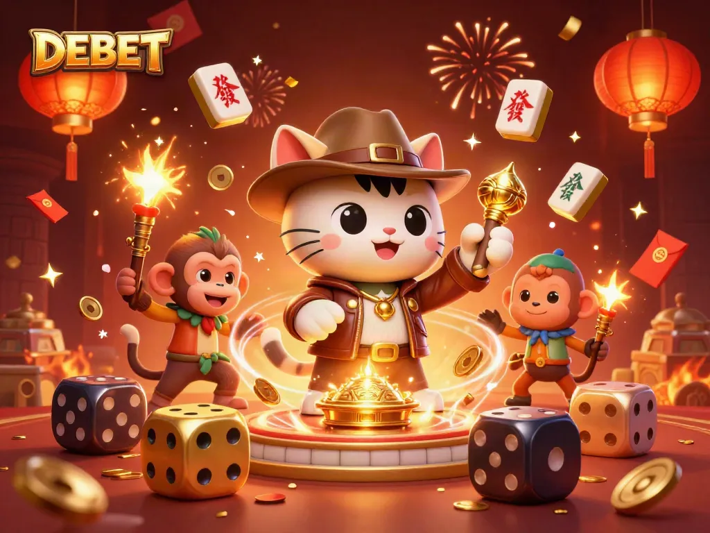 Experience the thrill of winning with DEBET in this vibrant casino adventure illustration.