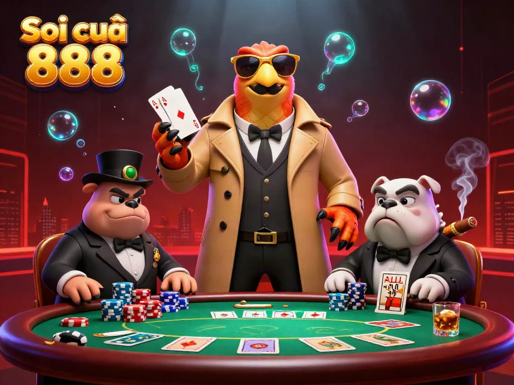 Soi cầu 888 with raptors in a trench coat entering a VIP casino scene filled with poker elements.