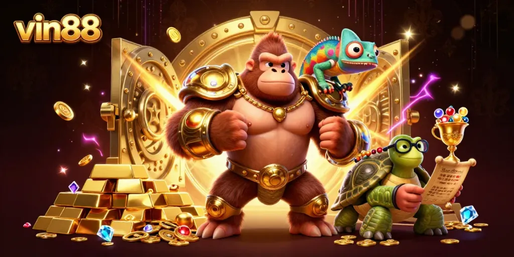 Experience the excitement of vin88 with a powerful gorilla king and vibrant gambling treasures.