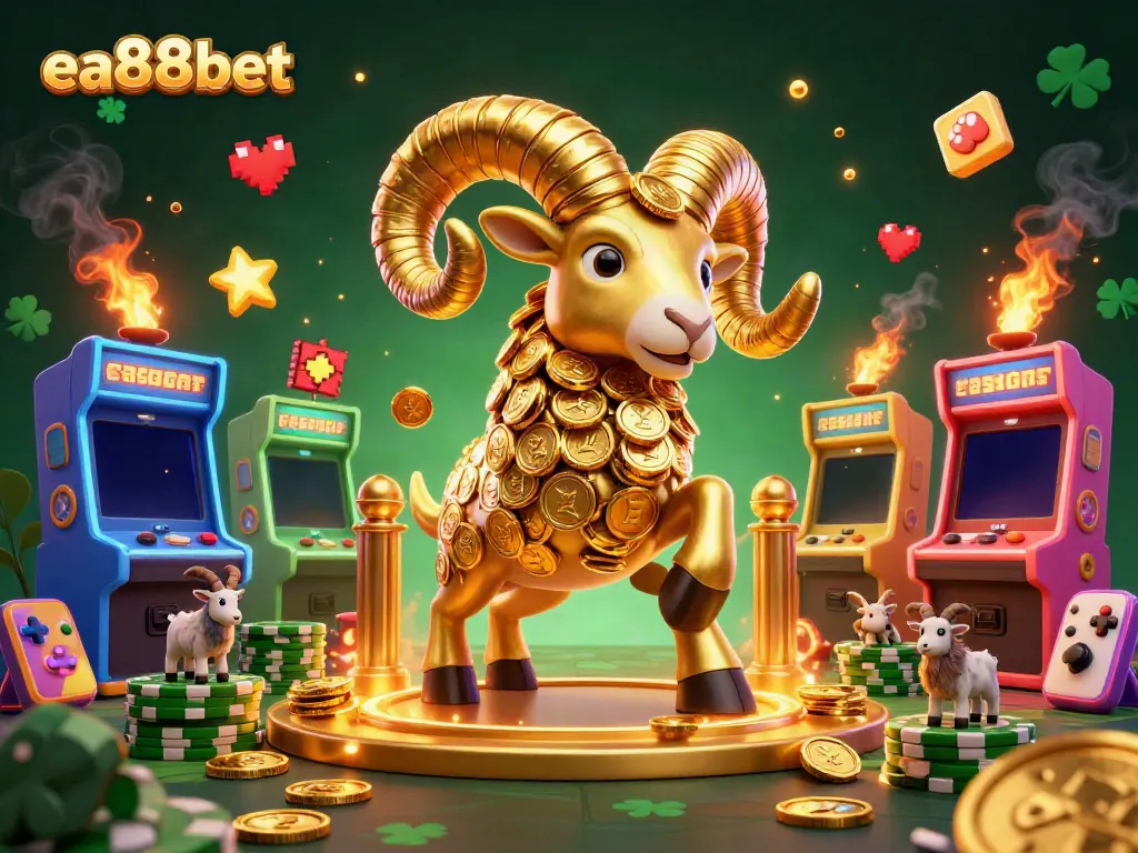 Win big with ea88bet in this animated casino scene featuring a golden ram and vibrant gaming elements.